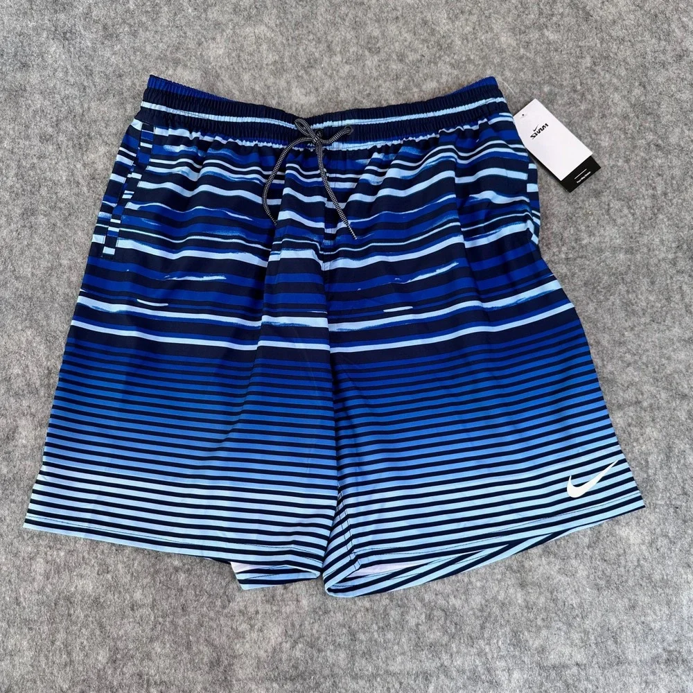 Nike Swim Mens Blue Striped 9 Inch Inseam Board Shorts NESSD545-440 Size XL NEW